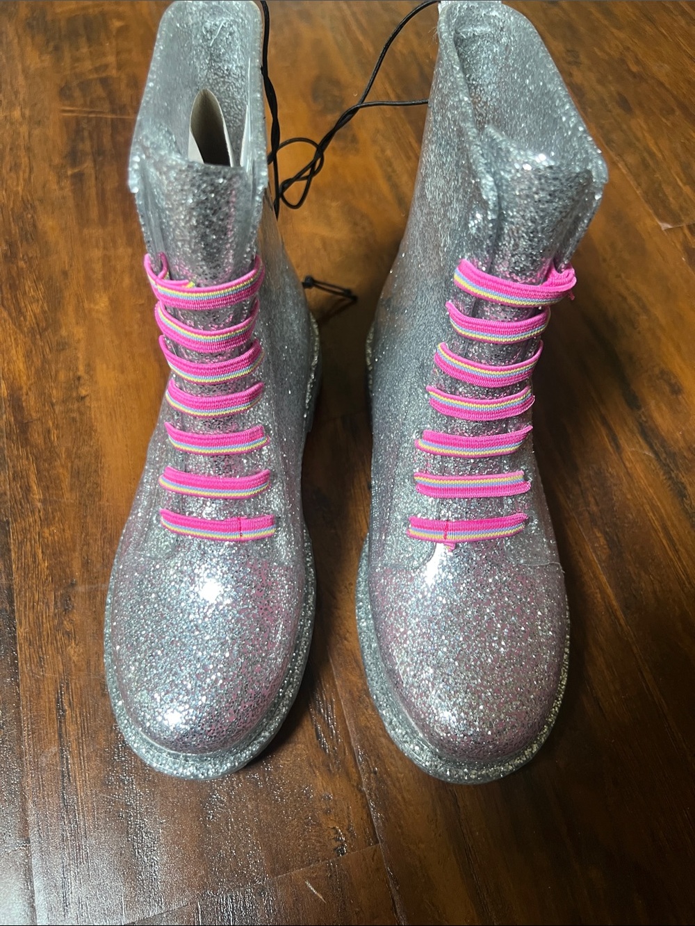 NWT Western Chief Glitter Combat Rain Boots with Hot Pink No Tie Laces Size 1 - Picture 8 of 10